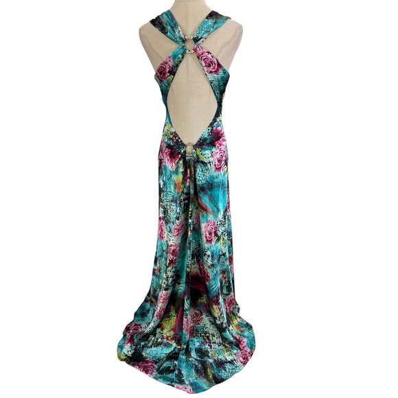 Vtg Y2K Blondie Nites Satin Gown Roses Teal Backless Rhinestones Sz 11 Prom Hoco - Picture 6 of 10